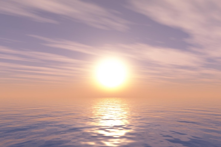 Kostenlose Foto 3d übertragen von einer ozeanlandschaft gegen einen sonnenunterganghimmel