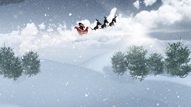 3D übertragen von Santa und seinem Schlitten über die verschneite Landschaft fliegen