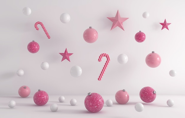 3D-Wiedergabe von weißen und rosa Weihnachtsverzierungen, die auf einem weißen Hintergrund hängen