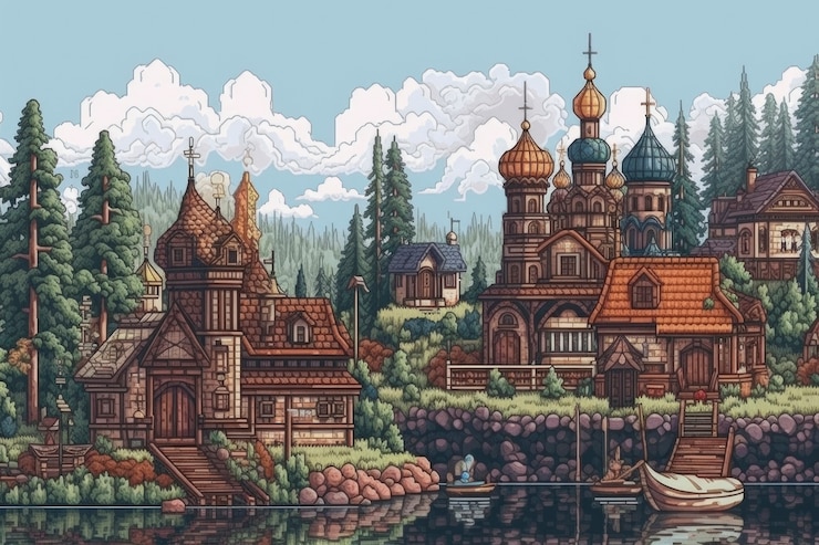 Kostenlose Foto 8-bit-grafikpixelszene mit dorf