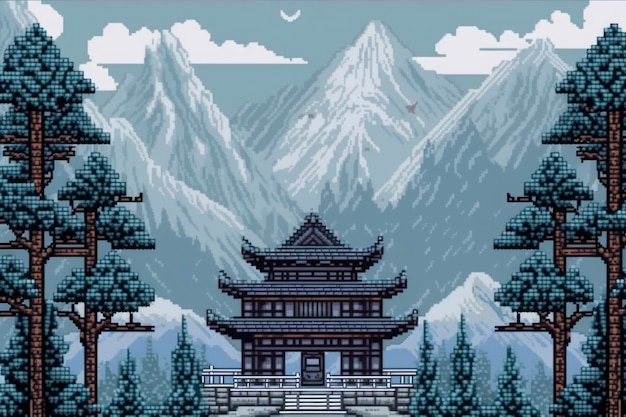 Kostenloses Foto 8-bit-grafikpixelszene mit tempel und bergen