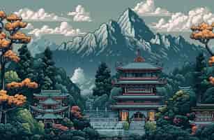 Kostenloses Foto 8-bit-grafikpixelszene mit tempel und bergen