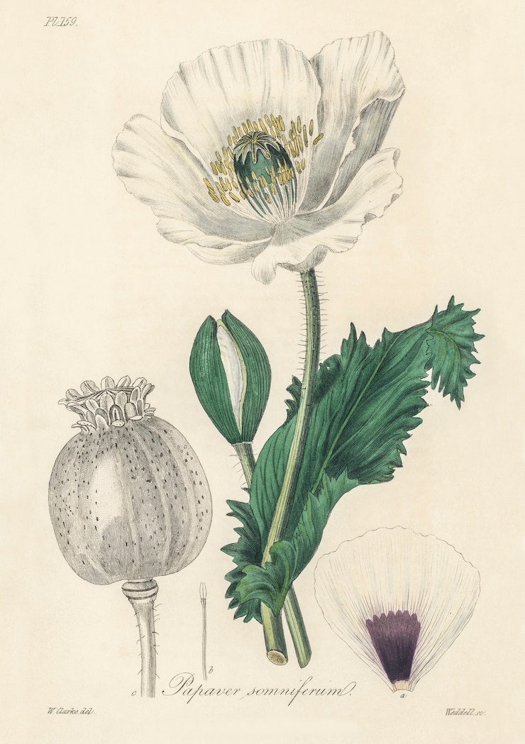 Kostenlose Foto abbildung von schlafmohn (papaver somniferum) aus der medizinischen botanik (1836)