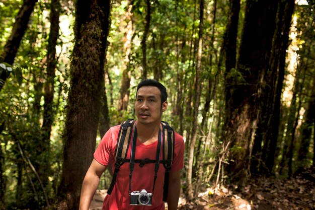 Abenteuerlicher Wanderer im Wald