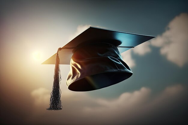 Abschlusskappe in die Luft geworfen mit Himmelshintergrund Abendlicht Zeremonie Abschlusstag Ai generativ