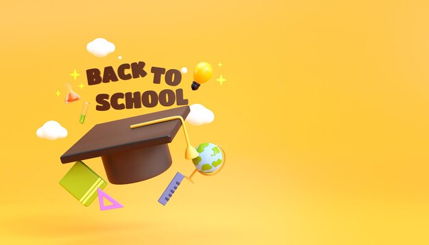 Abschlusskappe Zurück zum Schulkonzept Hintergrund leerer Kopierraum Banner Cartoon 3D-Illustration