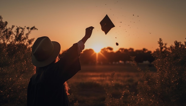 Absolventen feiern Erfolge im Freien, indem sie Diplome werfen, die freudig von KI generiert wurden