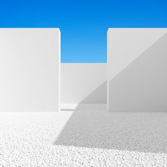 Abstrakter minimaler architekturraum mit weißer wand auf blauem himmelhintergrund