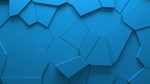 Abstraktes blaues extrudiertes Voronoi blockiert Hintergrund. Minimale lichtreine Unternehmenswand. 3D geometrische Oberflächenillustration. Verschiebung polygonaler Elemente.