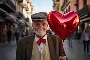 Kostenloses Foto Älterer mann hält roten herzballon