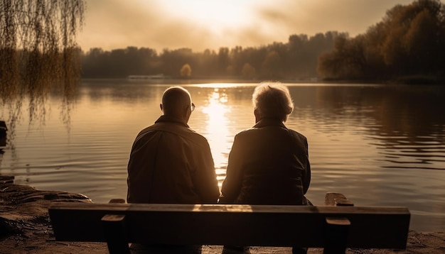 Kostenloses Foto Älteres paar umarmt die liebe auf einer von ki generierten herbstbank