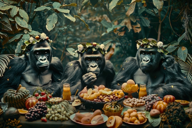 Kostenloses Foto affen genießen ein picknick in einer fantasiewelt