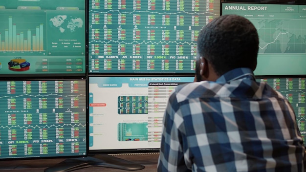 Afroamerikaner, der mit dem Devisenmarkt an einer Workstation mit mehreren Monitoren arbeitet und Aktienfonds und Kapitalbankverkäufe analysiert, um Gewinngeld zu kaufen und zu verkaufen. Finanzielles Wachstum.