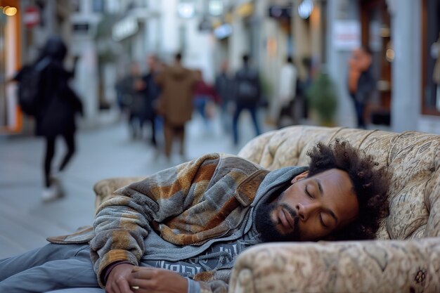 Afroamerikaner schläft auf dem Sofa auf der Straße