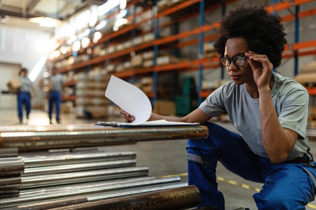 Afroamerikanerin geht Papierkram durch, während sie in einem Lagerhaus arbeitet