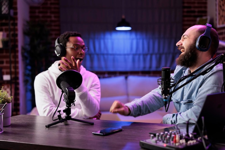 Kostenlose Foto afroamerikanischer moderator führt während des live-streams im professionellen studio eine unterhaltsame diskussion mit prominenten und bringt ihn zum lachen. moderator, der hochwertiges equipment für die produktion eines comedy-podcasts verwendet