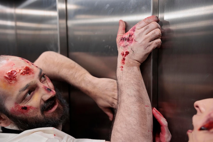Kostenlose Foto aggressive monster, die versuchen, dem aufzug zu entkommen, geschäftsbüros angreifen, um menschen zu töten und gehirn zu essen. unheimliche, gefährliche, böse zombies, die besessen und gruselig aussehen, streuner, die wütend und blutig sind.