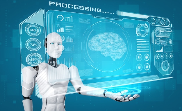 Ai humanoider roboter hält virtuellen hologrammbildschirm, der konzept des ai-gehirns zeigt