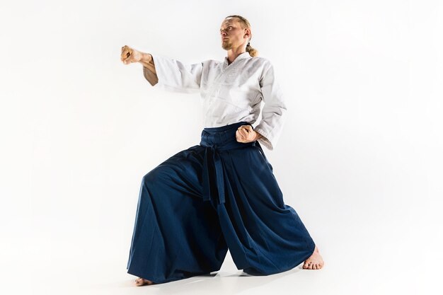 Aikido-Meister übt Abwehrhaltung