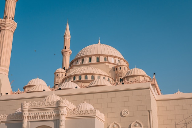 Al Maghfirah Moschee in den Vereinigten Arabischen Emiraten mit ihren Kuppeln und Türmen unter freiem Himmel