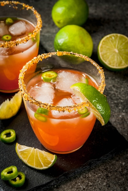 Alkohol. traditionelles mexikanisches südamerikanisches cocktail. würzige michelada mit scharfen jalapenopfeffern und limetten. auf einem dunklen steintisch. copyspace Premium Fotos