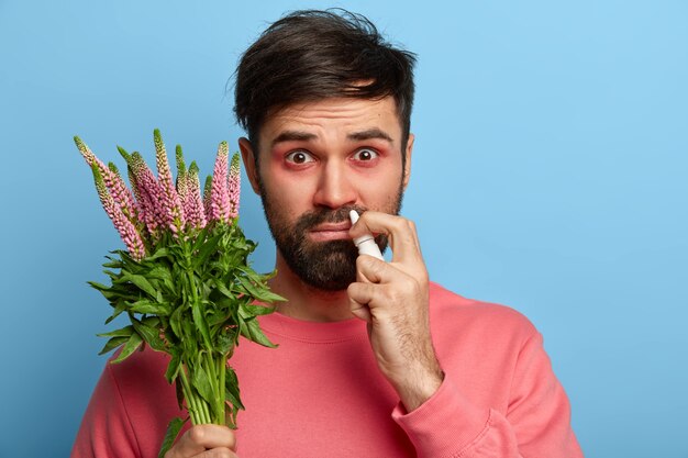 Allergiesymptome und Behandlungskonzept. Kranker Mann hat rote Augen, ständiges Niesen und laufende Nase, verwendet Nasentropfen, hält Pflanze, die Heuschnupfen hat, heilt saisonale Krankheiten, trägt rosa Pullover