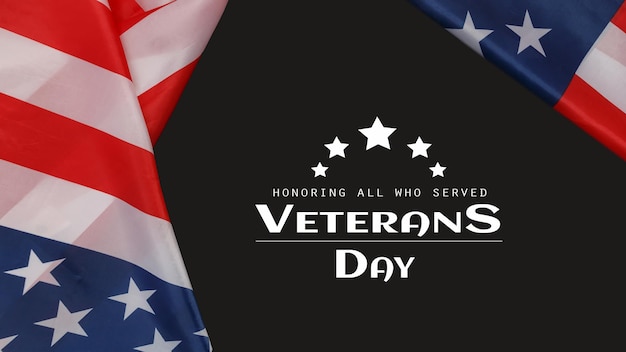 Alles gute zum veteranentag. amerikanische flaggen mit dem text danken ihnen veteranen vor einem schwarzen hintergrund. 11. november.