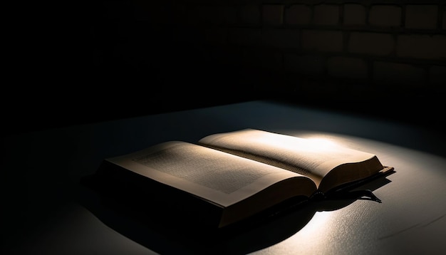 Kostenloses Foto alte bibel beleuchtet dunkle bibliothek mit von ki generierter weisheit