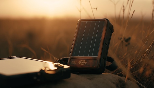 Kostenloses Foto alte kamera fängt die von ki generierte sonnenuntergangs-abenteuerszene der natur ein