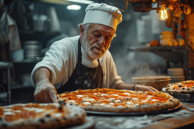 Alter Pizzeria-Koch, realistisches Porträt des Kochs bei der Arbeit, der frische Pizza liefert
