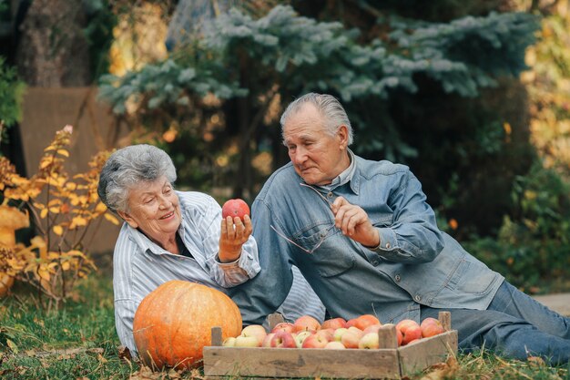 Altes Paar, das in einem Sommergarten mit Ernte sitzt