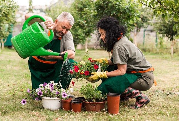 Altes Paar kümmert sich um die Blumen