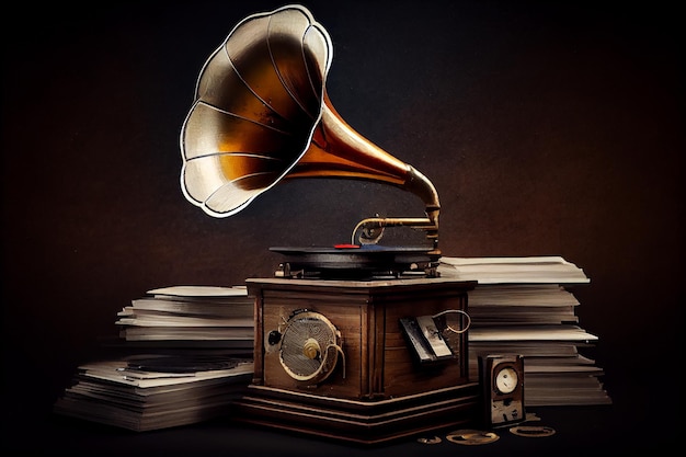 Altmodisches Grammophon und Metallplattenspieler im Vordergrund der generativen KI