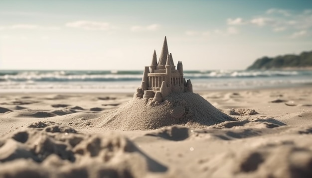 Am Wasser gebaute Sandburg mit lustigen Kindheitserinnerungen, die von KI generiert werden