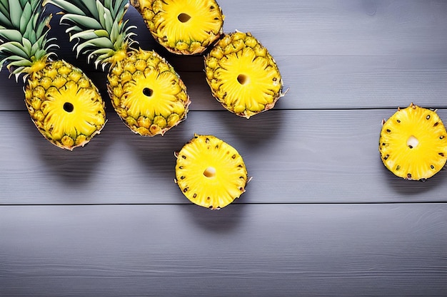 Ananas auf einem Holztisch mit schwarzem Hintergrund