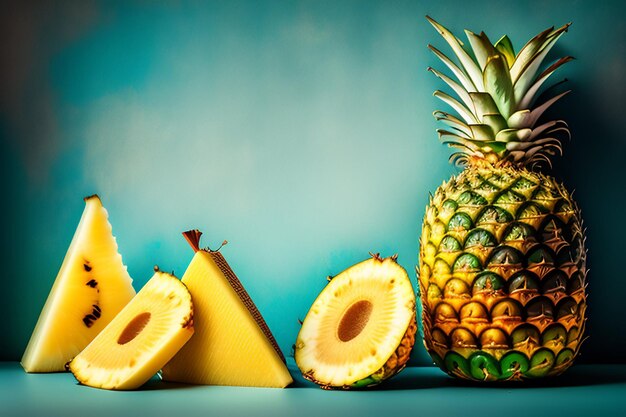 Ananas und Ananas auf blauem Hintergrund