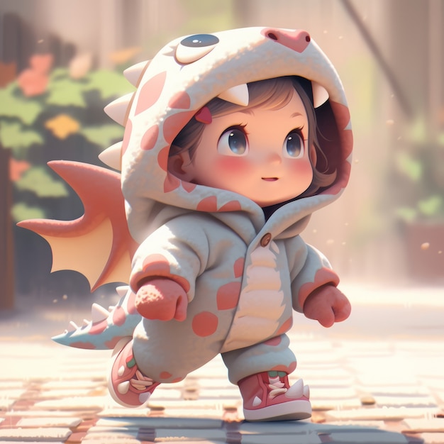 Anime-Baby-Figur mit Drachen-Kostüm-Illustration