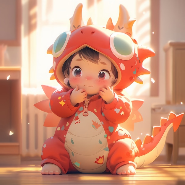 Anime-Baby-Figur mit Drachen-Kostüm-Illustration