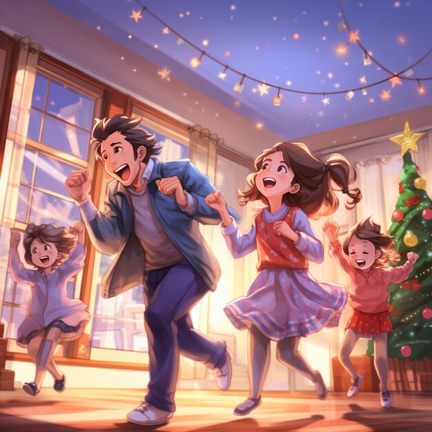Anime-Charaktere feiern Weihnachten