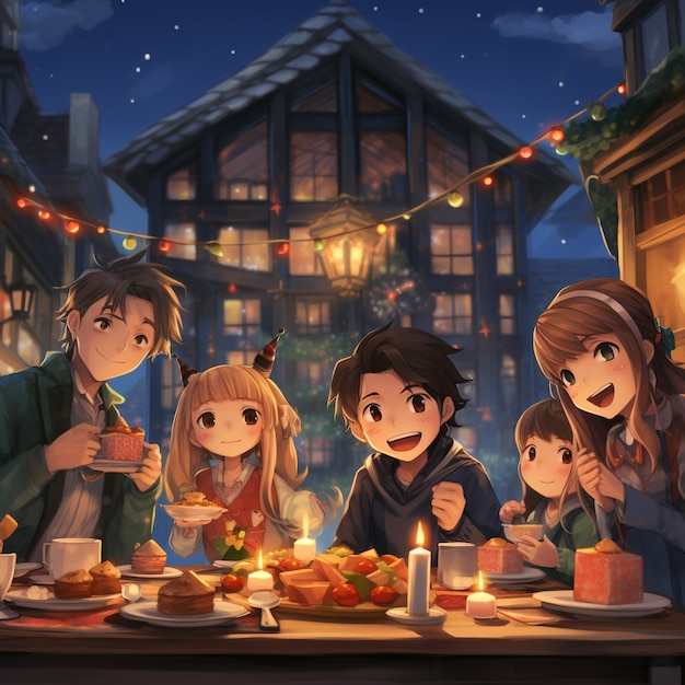 Kostenloses Foto anime-charaktere feiern weihnachten