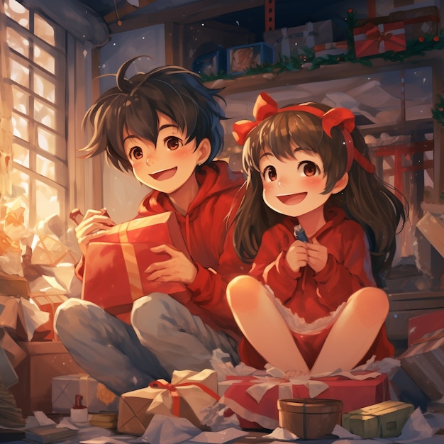 Anime-Charaktere feiern Weihnachten