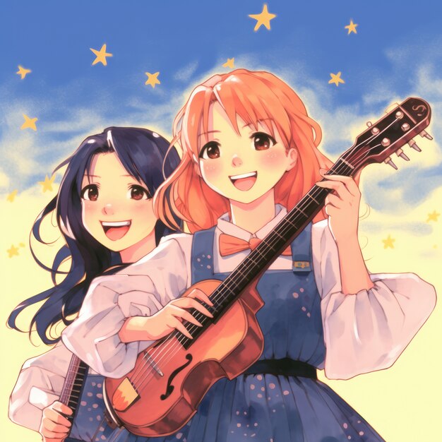 Anime-Charaktere spielen auf einem Instrument