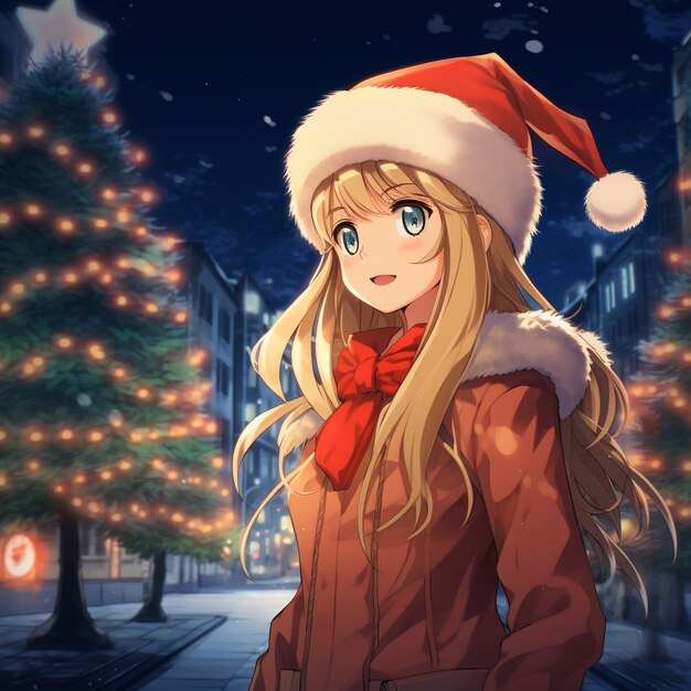 Anime-Figur in der Stadt Weihnachtszeit