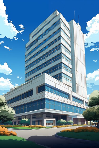 Anime-Illustration eines flachen Gebäudes