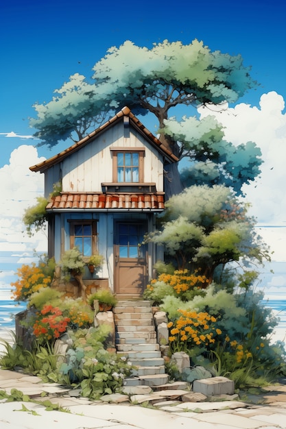 Kostenloses Foto anime-illustration eines ländlichen hauses