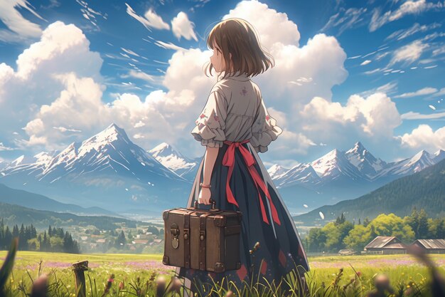 Anime-Landschaft einer reisenden Person