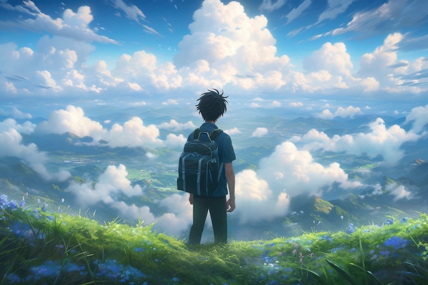 Anime-Landschaft einer reisenden Person