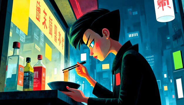 Anime-Mädchen isst Ramen in einer Cyberpunk-Stadt