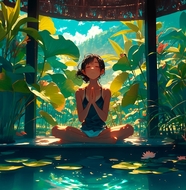 Kostenloses Foto anime-stilfigur meditiert und denkt über achtsamkeit nach