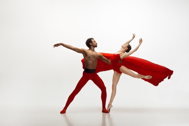 Kostenloses Foto anmutige klassische balletttänzer tanzen isoliert auf weißer wand. das konzept von anmut, künstler, bewegung, aktion und bewegung.